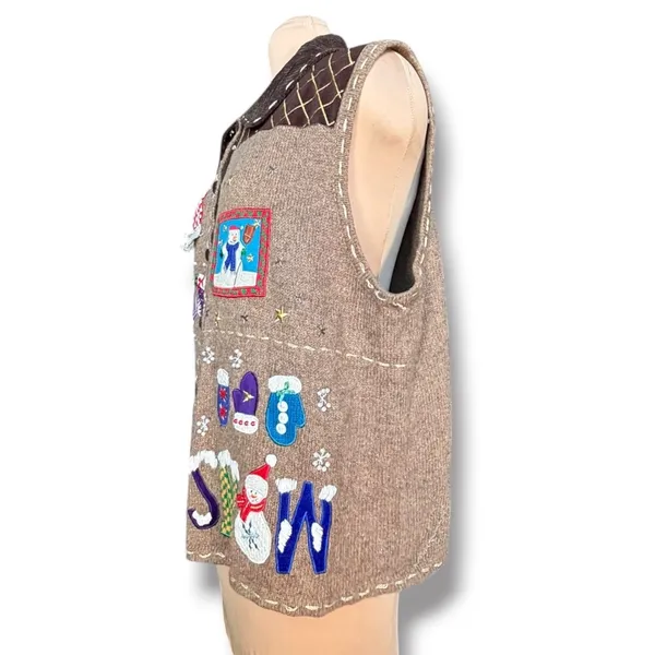 Vintage Christmas Sweater Vest XL Snowman Applique Wool Holiday Novelty Knit - Image 6