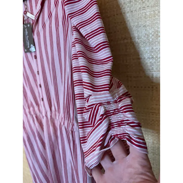 Matilda Jane Women Red Pink Striped Midi Dress NWT Size L Ruched‎ Sleeve Pockets - Image 5