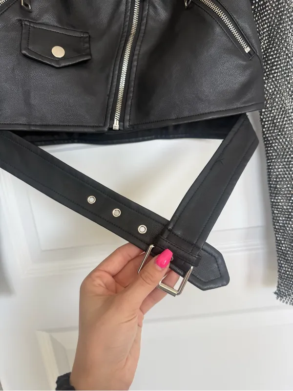 Azalea Wang Cropped Moto Leather & Rhinestone Jacket - Image 5