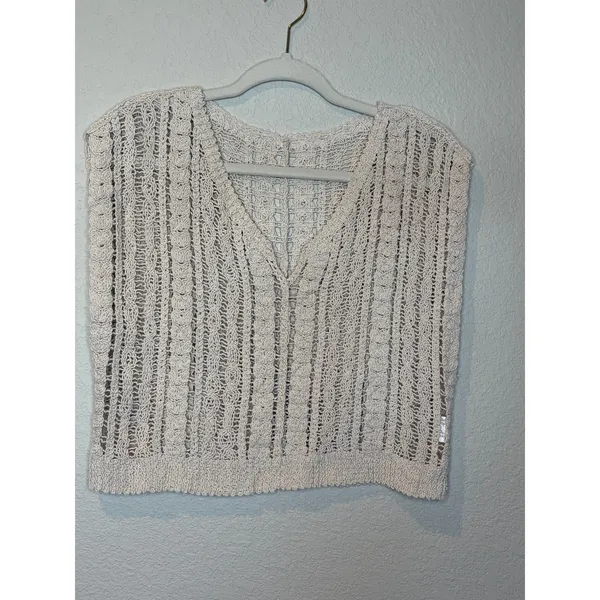 Ivory Crochet Floral Open Knit Crop Top Medium Boho Artisan - Image 3