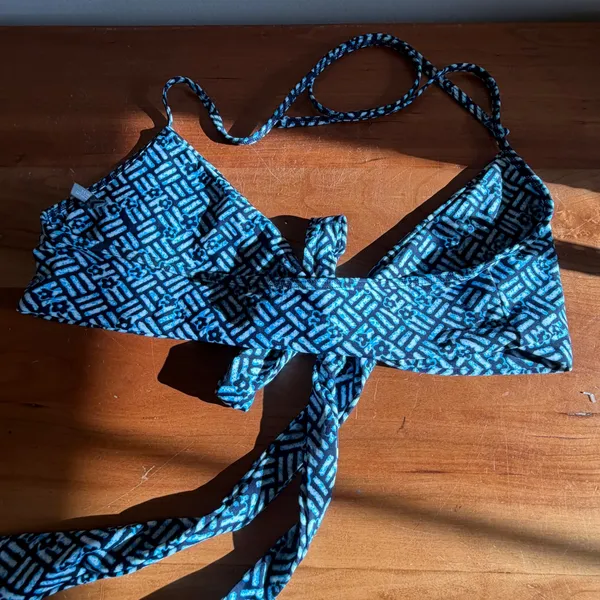Aerie‎ Blue Geometric Floral Tie Front Scoop Neck Bikini Swim Top Large - Image 4