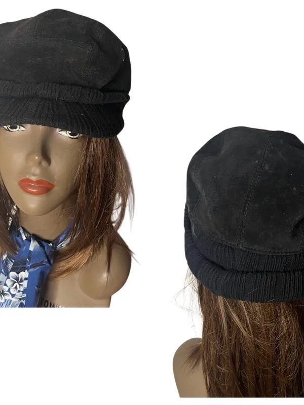 WILSONS LEATHER Black Suede Newsboy Cap Quilted Lined Ear Flaps Hat S/M UNISEX - Image 9