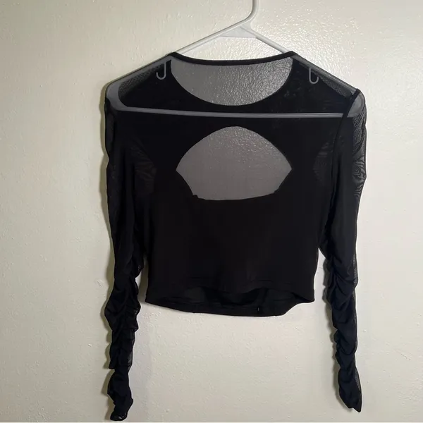 Women's Ruched Cut Out Top Blouse Long Sleeve Black Cropped Sheer Mesh - Image 5