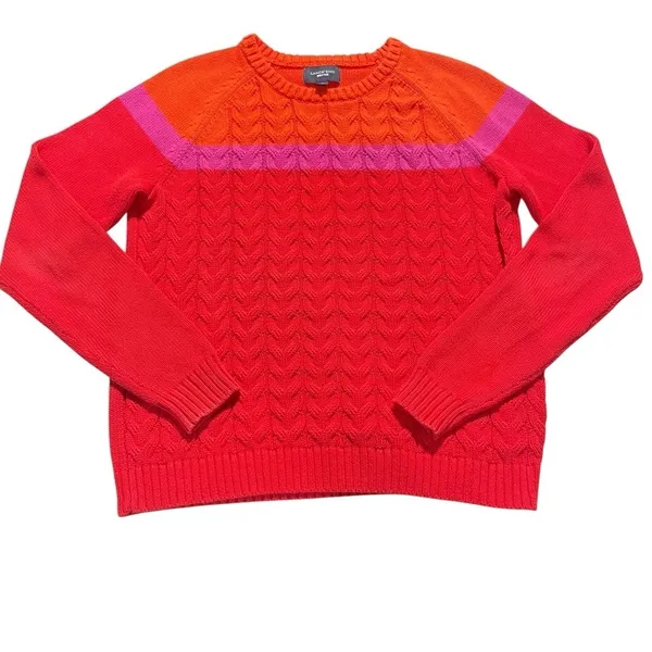 VTG Lands’ End Drifter Cotton Sweater L Red Orange Pink Colorblock Cable Knit - Image 2
