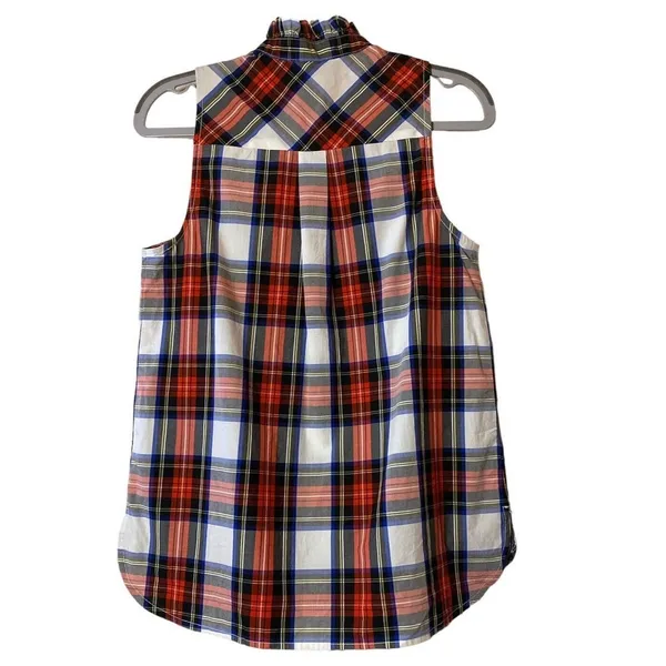 NWT‎ J Crew Plaid Ruffle Mock Neck Tank Top Blouse Size 0 Red Holiday Tartan - Image 2