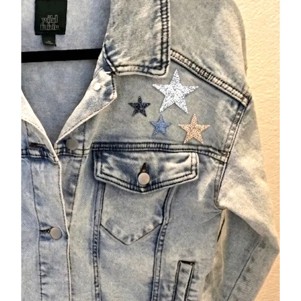 Wild Fable Beaded Star Clusters Jean Jacket Blue Acid Wash Trucker S-XS Womens - Image 2