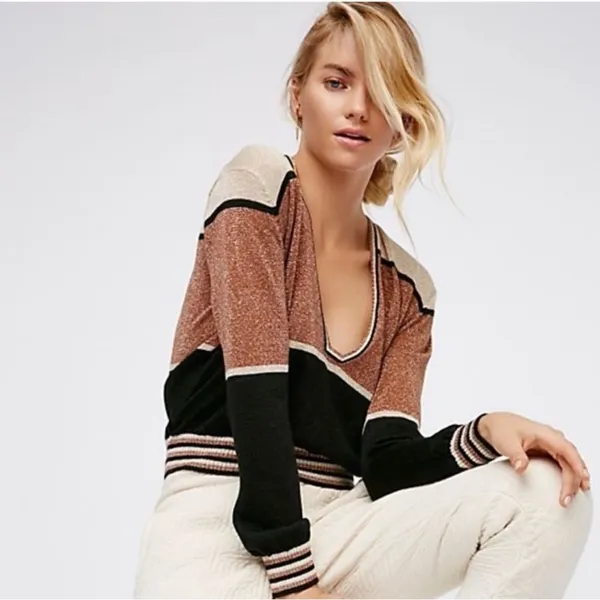 Free People Gold Dust Metallic Linen Blend Colorblock V-Neck Pullover Sweater M - Image 5
