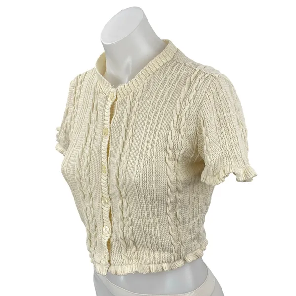 Zara Women's Cream Cable Knit Short Sleeve Button Down Sweater Crop Top Size M - Image 3