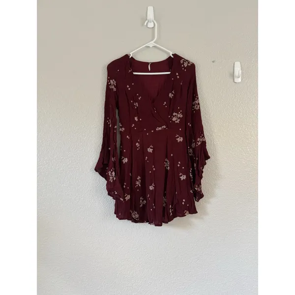 Free People Mini Dress Size 4 Burgundy Tan Floral Embroidery Bell Sleeve Boho - Image 3