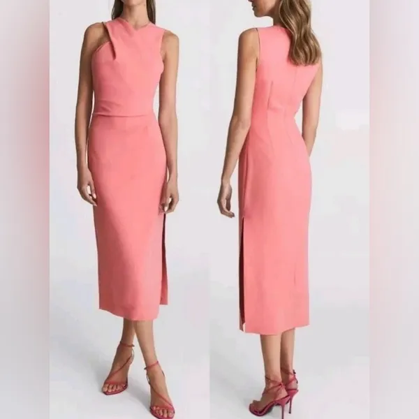 NEW Reiss Imogen Sleeveless Ruched Tailored Sheath MIDI Dress 0 Pink - Image 2
