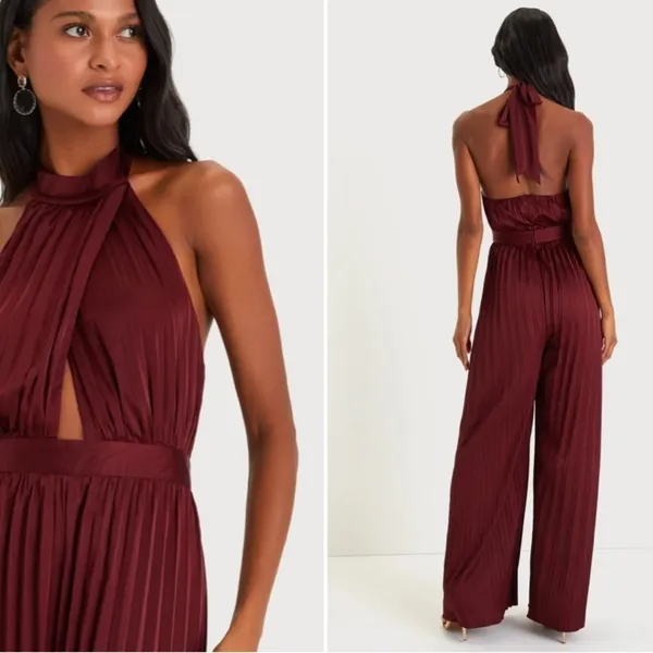 COPY - LULU's Sexy Elegant Chic Minimalistic Wedding Pleated Satin Wide Leg Jum… - Image 3