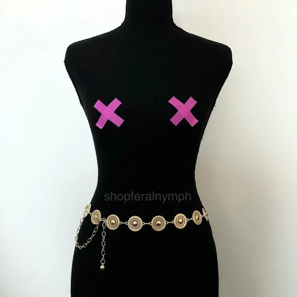 Gold Y2K Round Medallion Indie Body Chain Belt, Fits 24-40 Inches, X7GA1237 - Image 4