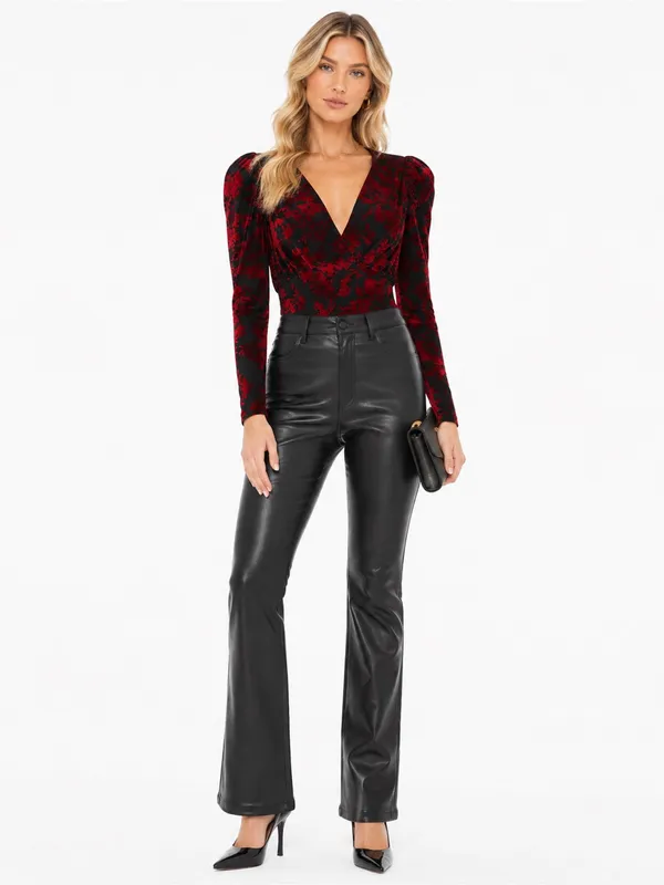 Dear John Red Black Velvet Floral Puff Sleeve Bodysuit Size M - Image 2