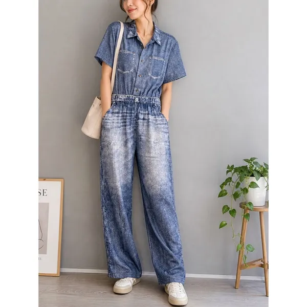 NWT Oddi Acid Washed Chambray Denim Jumpsuits Size Medium Casual - Image 2