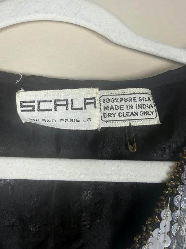 Scala Vintage 80s Black + Silver Flower Blouse Top Glam Sequin Beaded Silk - Image 5