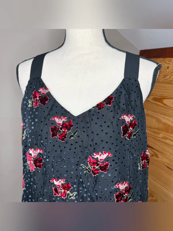 Loft Velvet Floral Swiss Dot Wide Strap V-Neck Tank Top Medium M Black Red Blue - Image 3