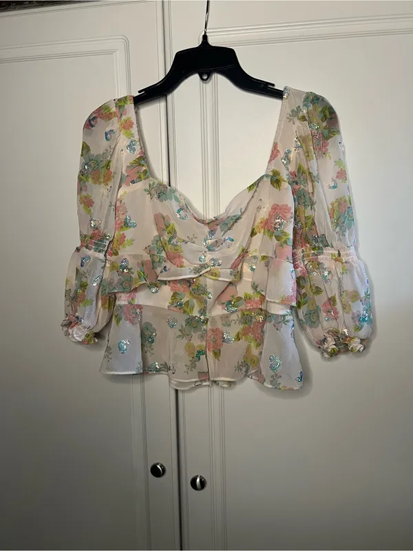 For Love & Lemons Paradis Floral Sequin Ruffle Blouse - Image 6