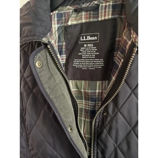 LL Bean Diamond Quilted Full Zip‎ Vest MED Black Plaid Lined Cord Collar - Image 4