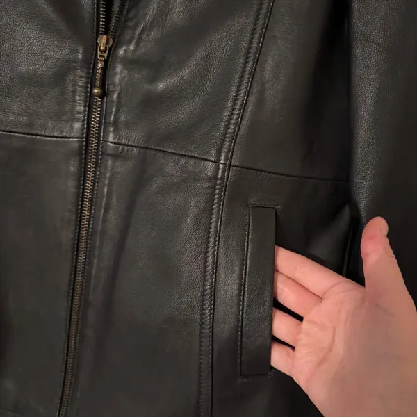 Vintage British Khaki Genuine Leather Y2K‎ Zip Up Black Jacket Size 10 - Image 9
