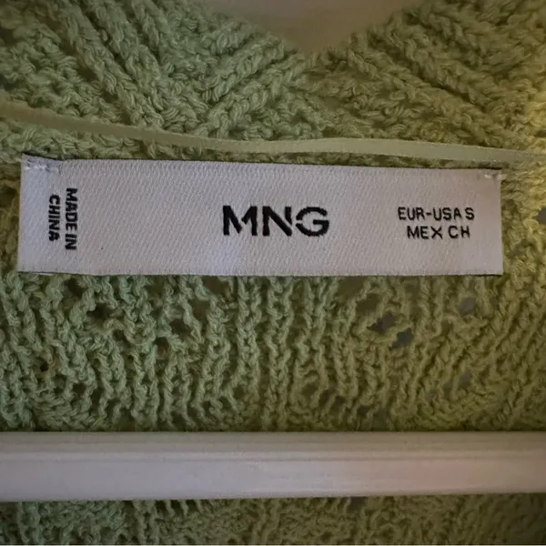 Mango MNG Open Work Knit Scalloped V neck Cardigan Long Sleeve Green Womens S - Image 6