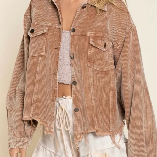 POL Frayed Hem Vintage Inspired Teddy Bear Brown Cropped Corduroy Jacket S - Image 4