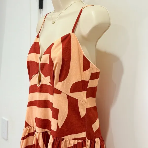 Mon Renn Surreal Midi Dress Tropico Print Red Medium Drop Waist Vacation Resort - Image 5