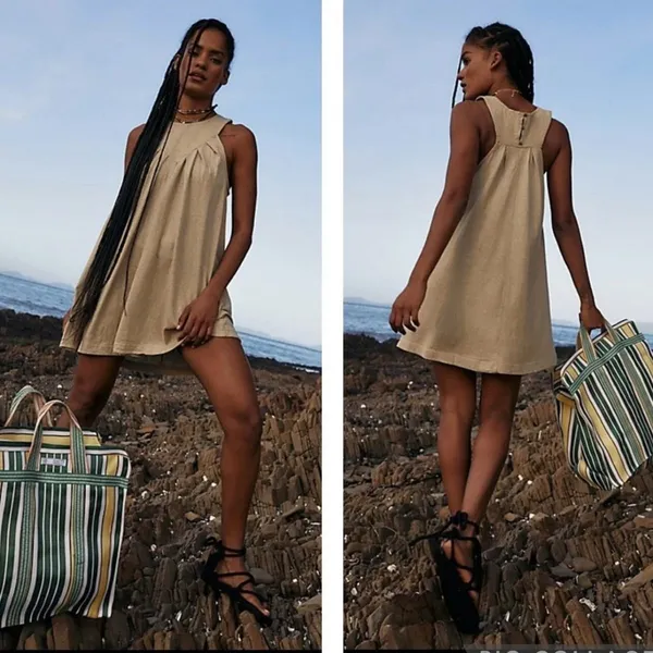 Free People Mini Dress‎ Womens Salt Marsh M Tan Pleated Cotton OB1164929 - Image 2