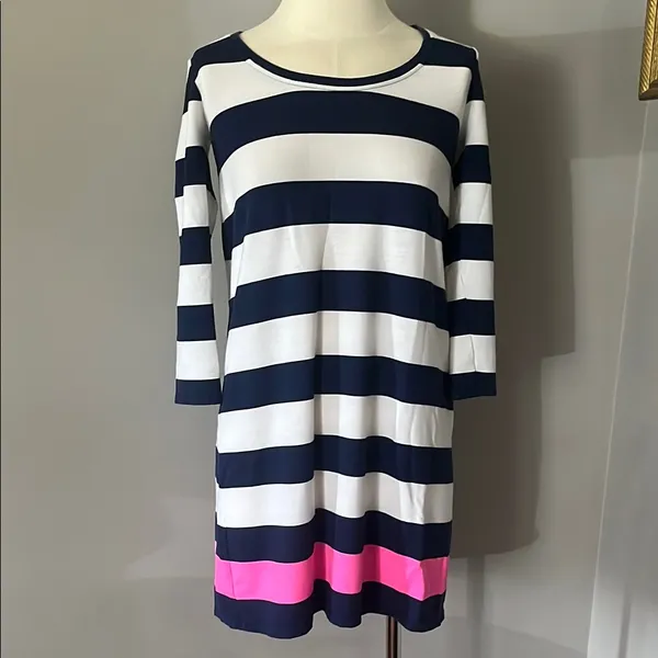 Lilly Pulitzer XS Devon A Line Dress Navy White Aquatic Stripe Pink - Image 2