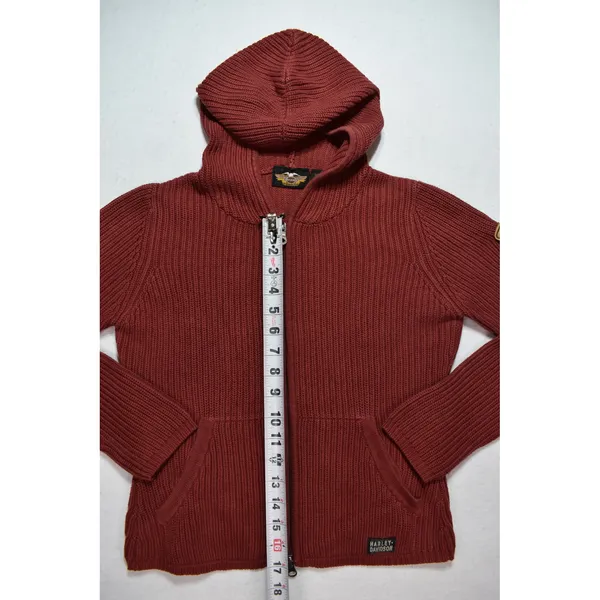 Harley-Davidson Womens XS Red Ribbed Knit Full Zip Hooded Sweater Cotton Japan - Image 8
