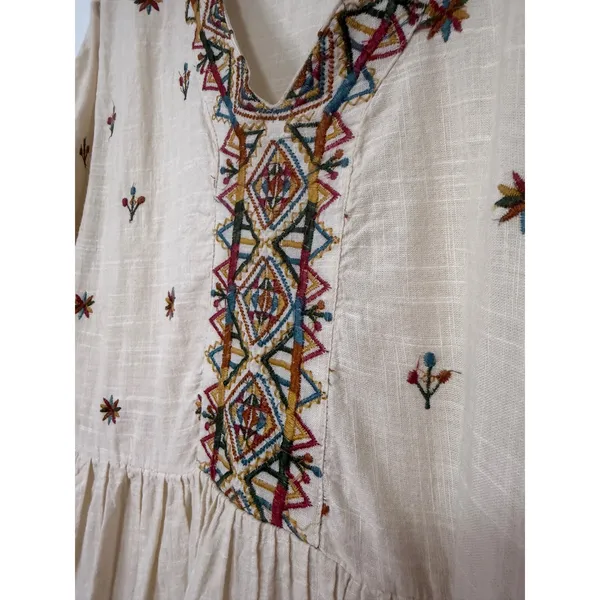 Max Women Cream Cotton Boho Embroidered V-Neck Ruffle Hem Mini Dress - Image 16