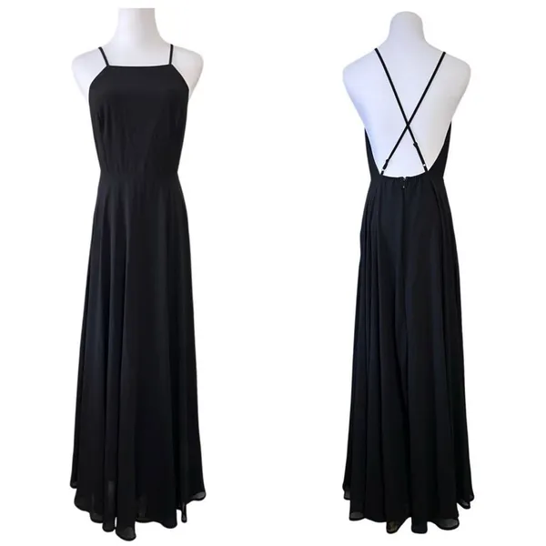 Lulu's Black Criss Cross Back Chiffon A-line Long Maxi Dress SMALL Pageant Prom‎ - Image 2