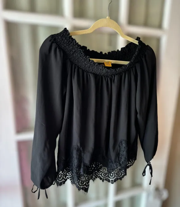 Wrangler Women’s Small Retro Black Frayed Lace Long Tie Sleeve Western Blouse - Image 6