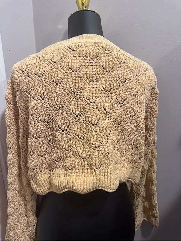 Mi Ami for Francesca’s Cream Pointelle Knit Cropped Sweater Large Cottagecore - Image 3