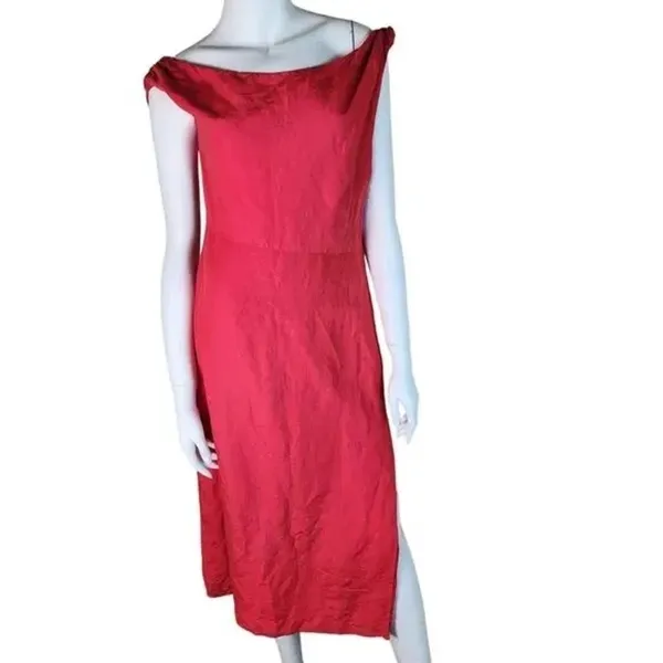Anthropologie Red Linen Blend Off Shoulder Midi Dress Draped Neckline Slit XS - Image 2