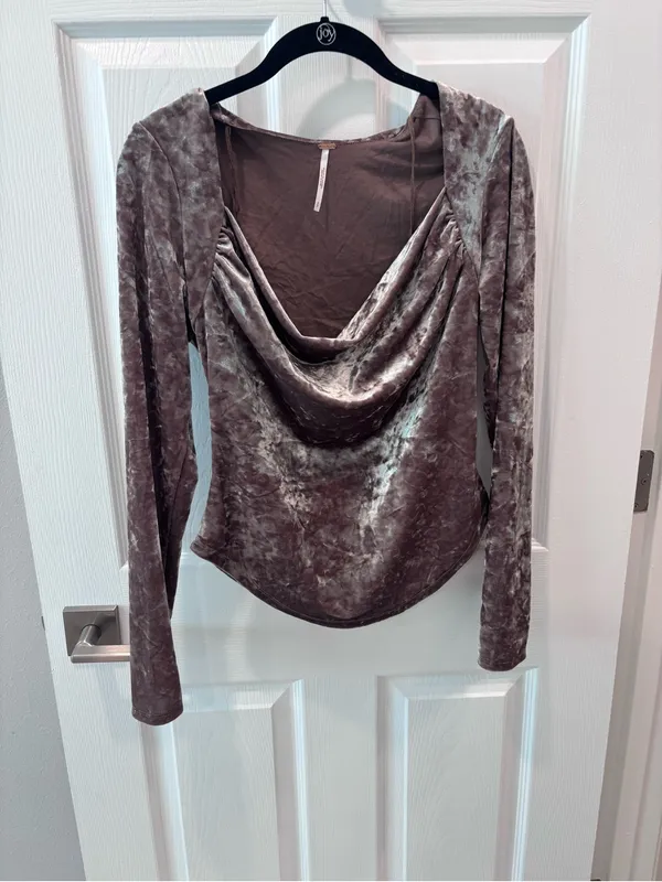 Free People Velvet Long-Sleeve Drape Neck Top - Taupe size Small - Image 7