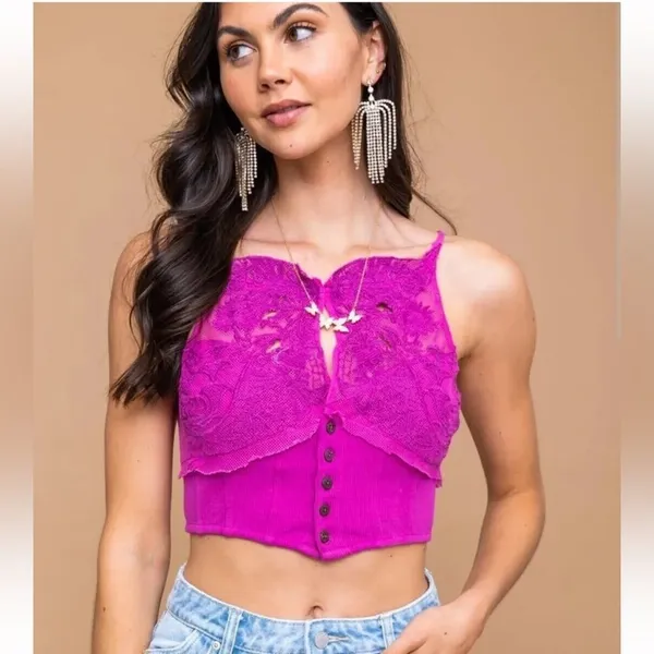 NWT Free‎ People Have My Heart Tank Top Womens XL Pink Lace Corset Crop Cami - Image 2