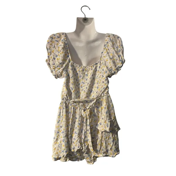 Altar'd State Boho Floral Romper Smoked Ruched Bodice Short Puff Sleeves Flirty - Image 2