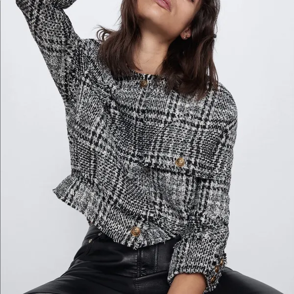 Zara Houndstooth Bomber TWEED Jacket w/ Pockets & Gold Buttons Black/White NEW - Image 2