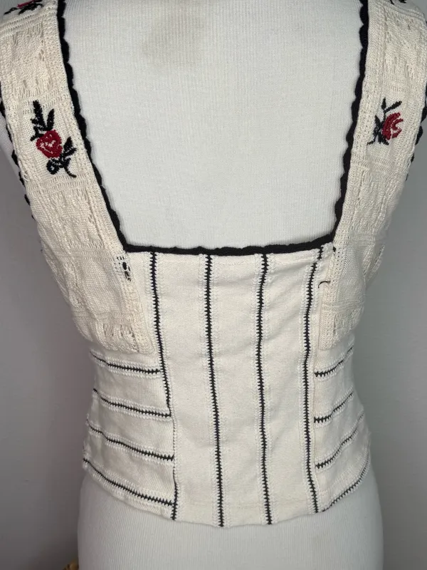 Free People Corset Top Tank Rose Bud Knit Floral Embroidery Crochet Accents Boho - Image 8