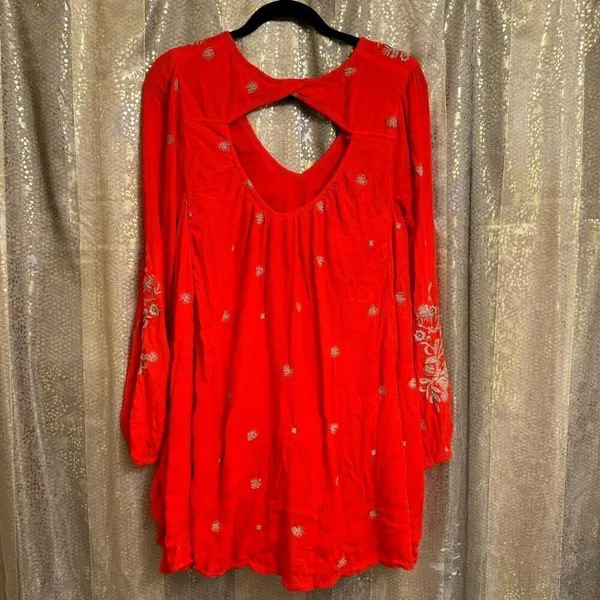 Free People Sweet Tennessee Red Tan Embroidered Long Sleeve Dress - Image 8
