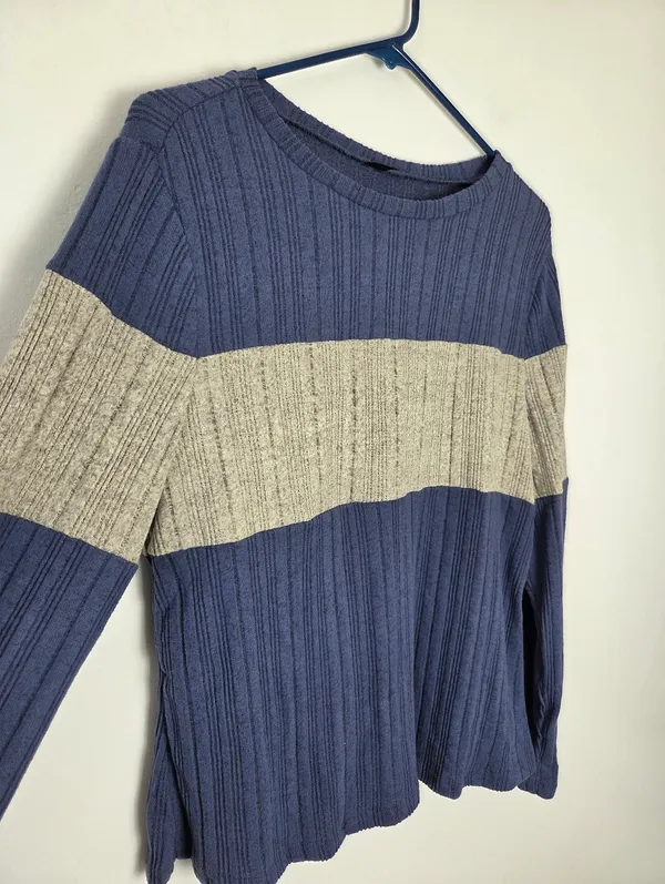 Ultra Soft Ribbed Knit Pullover Sweater Navy Gray Colorblock Stripe Plus 2XL - Image 3