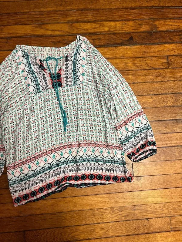 Grand & Greene Tribal Print Boho Blouse with Tassels, Large - Image 4