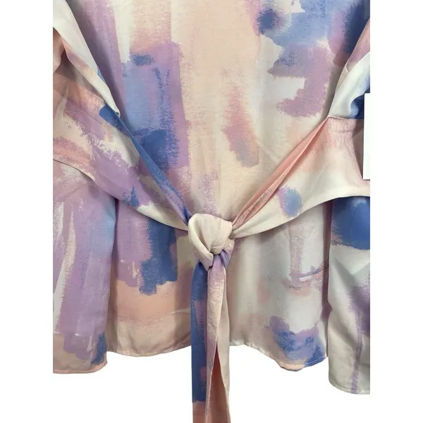 Evri Long Sleeve Semi Sheer Pink Blue Paint Look Tie Waist V-neck 3x Top NWT - Image 5