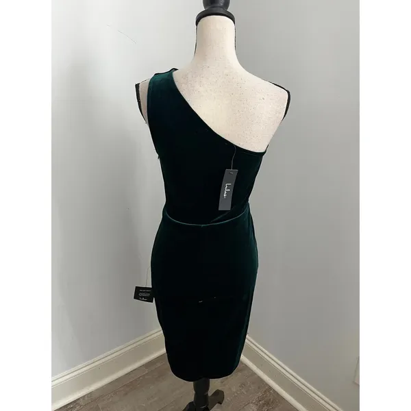 Lulus Velvet One Shoulder Dress XS Jewel Tone Emerald Green Pleated Cocktail NWT - Image 4