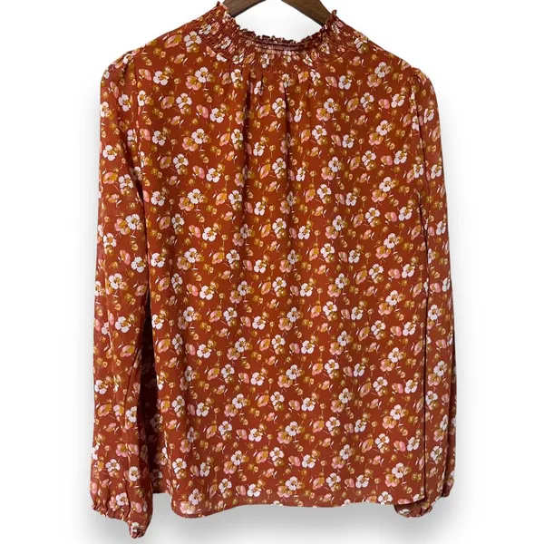 J Crew Shirt Medium Smocked Puff‎ Sleeve Ruffle Burnt Orange Floral Blouse - Image 6