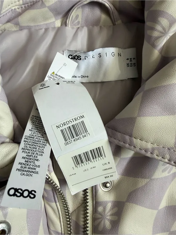 asos Pastel Lavender And Ecru Checkerboard Denim Bomber Jacket Size 2 NWT - Image 2