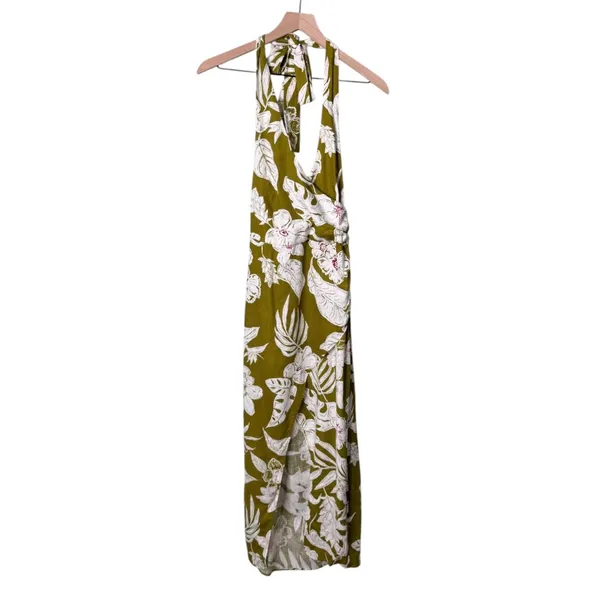 NEW Zara Linen Floral Tropical Halter Neck Maxi Dress Green Khaki White Pink XS - Image 5