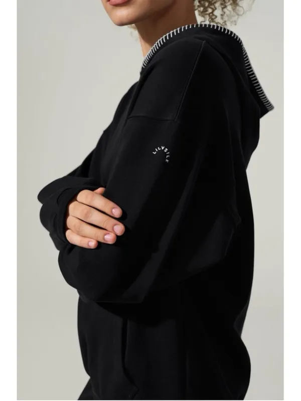Lilysilk Seamflow Douceur Hoodie Black Medium Blanket Stitch Ribbed Cuff Soft - Image 4