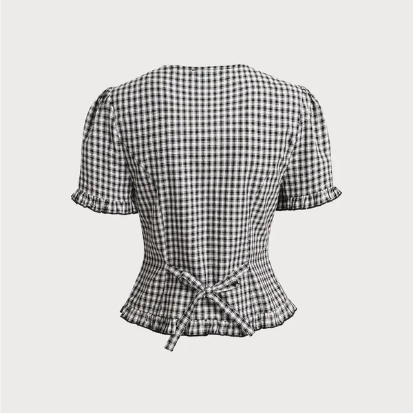 Rihoas Black Plaid V Neck Ruffle Blouse Size XS - Image 6