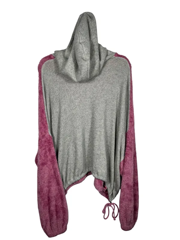 Free People Pink Fuzzy Teddy Half Zip Hoodie Oversized Pullover Balloon Sleeve M - Image 3